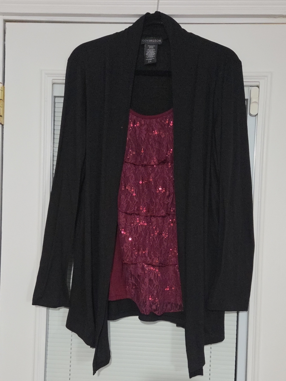 Covington Black Cardigan with Burgundy Lace and Sequin Tank